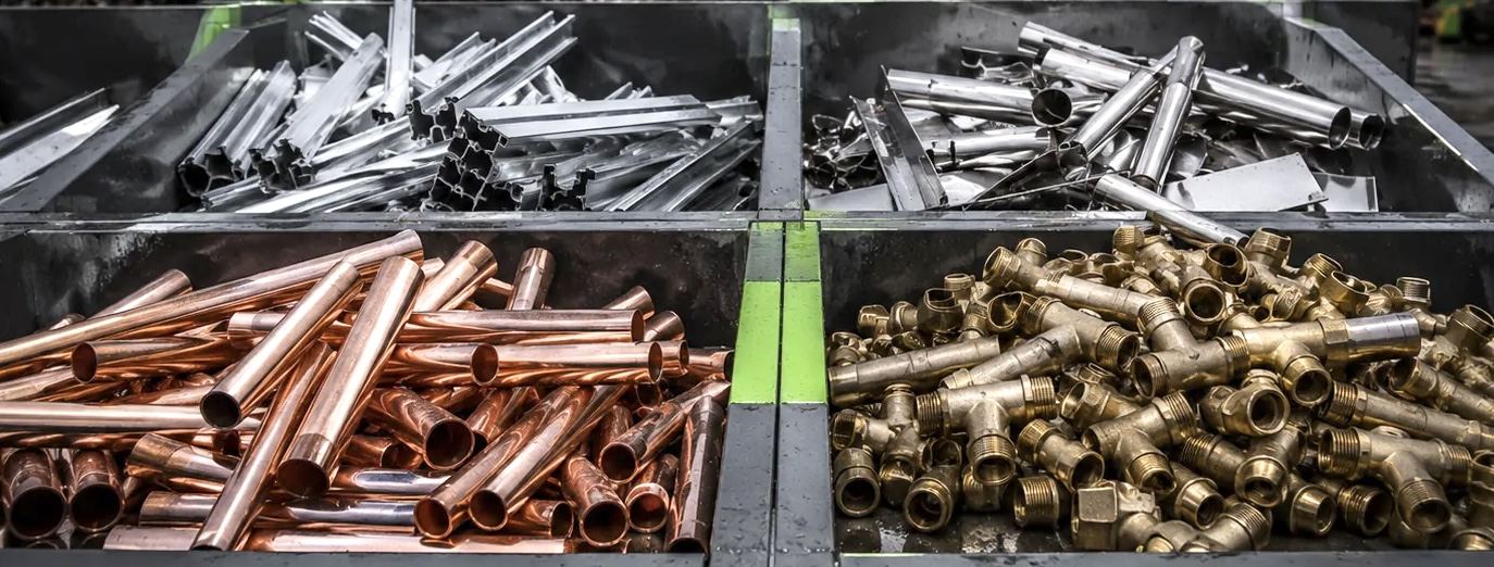 Sortenrein getrennter Metallschrott - Aluminiumprofile, Edelstahlrohre, Kupferrohre und Messingarmaturen